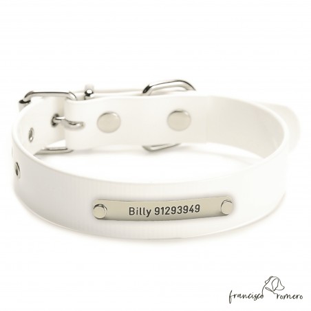 Collar Biothane Gold ancho cinta 2,5 cm hebilla rulo Personalizado Blanco