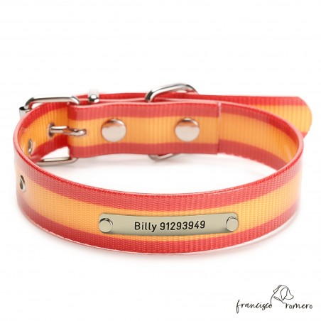 Collar Biothane Gold ancho cinta 2,5 cm hebilla rulo Personalizado Bandera España