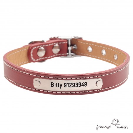 Collar doble piel de vaquetilla con herrajes de níquel Personalizado Burdeos