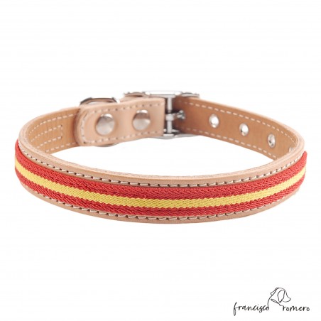 Collar doble piel de vaquetilla con bandera España y herrajes de Níquel Natural