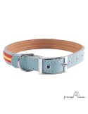 Collar doble piel vaquetilla bandera herraje Níquel Celeste para perro
