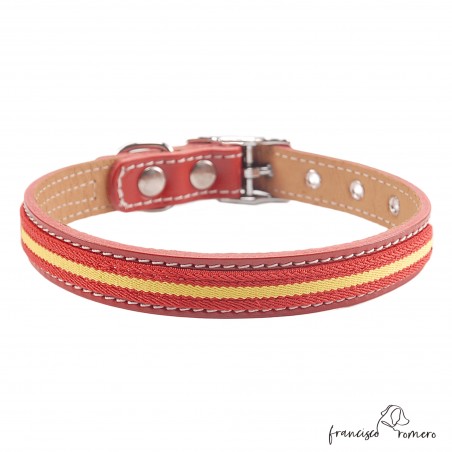 Collar doble piel de vaquetilla con bandera España y herrajes de Níquel Rojo