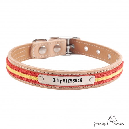 Collar doble piel bandera España y herrajes de níquel Personalizado Natural
