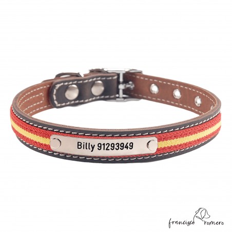 Collar doble piel bandera España y herrajes de níquel Personalizado Marrón