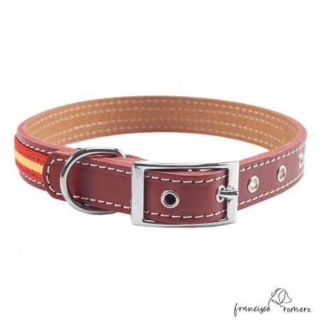 Collar doble piel bandera España y herrajes de níquel Personalizado Burdeos