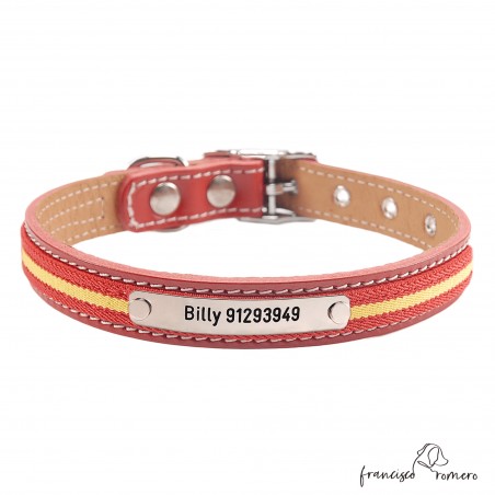 Collar doble piel bandera España y herrajes de níquel Personalizado Rojo