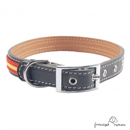 Collar doble piel bandera España y herrajes de níquel Personalizado Negro