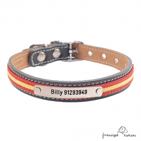 Collar doble piel bandera España y herrajes de níquel Personalizado Negro