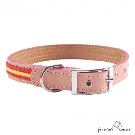 Collar doble piel bandera España y herrajes de níquel Personalizado Rosa