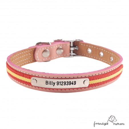 Collar doble piel bandera España y herrajes de níquel Personalizado Rosa