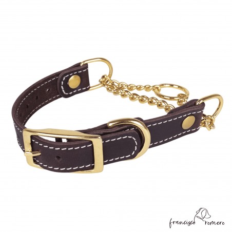 Collar corrector de piel con cadena de latón Marrón para perro