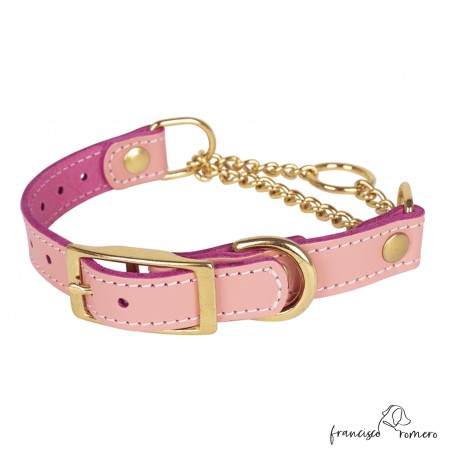 Collar corrector de piel con cadena de latón Rosa para perro