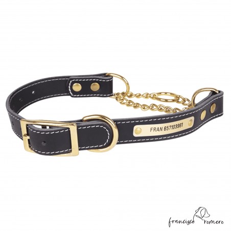 Collar corrector piel cadena de latón personalizado Negro para perro