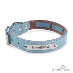 Collar Piel Funda Antiparasitaria Hebilla Rulo Personalizado Celeste 3