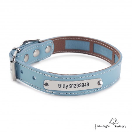Collar Piel Funda Antiparasitaria Hebilla Rulo Personalizado Celeste 3
