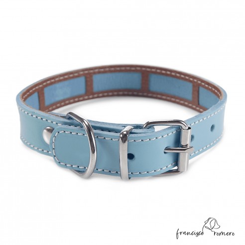 Collar Piel Funda Antiparasitaria Hebilla Rulo Personalizado Celeste 4