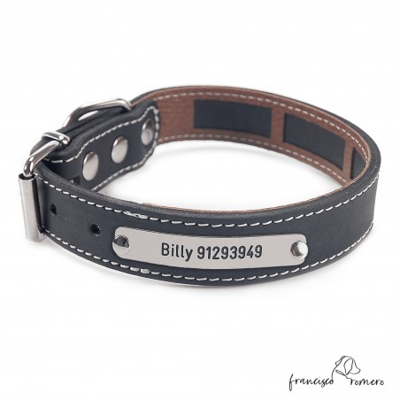 Collar Piel Funda Antiparasitaria Hebilla Rulo Personalizado Negro 3