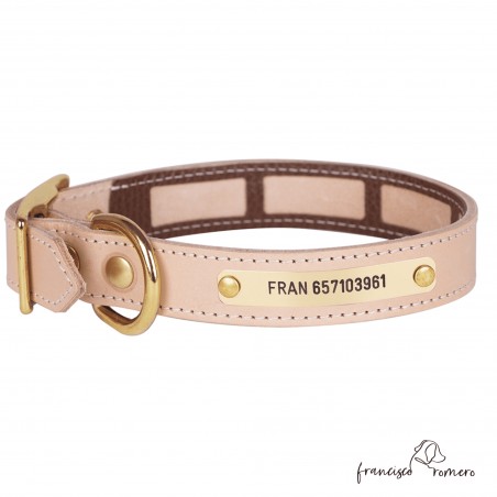 Collar Piel Funda Antiparasitaria Hebilla Latón Personalizado Natural