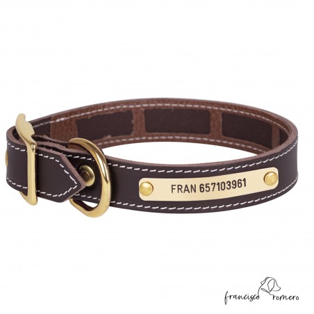 Collar Piel Funda Antiparasitaria Hebilla Latón Personalizado Marrón