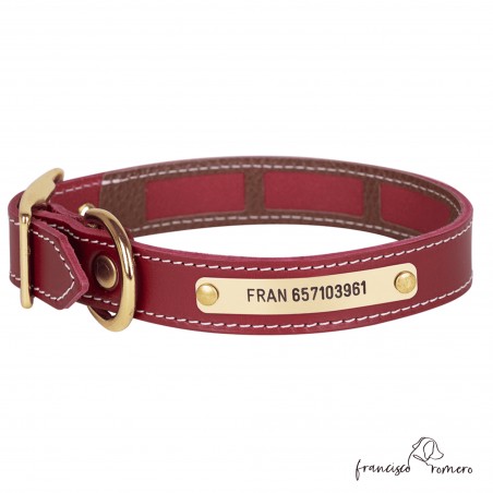 Collar Piel Funda Antiparasitaria Hebilla Latón Personalizado Burdeos