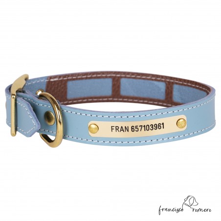 Collar Piel Funda Antiparasitaria Hebilla Latón Personalizado Celeste