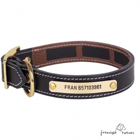 Collar Piel Funda Antiparasitaria Hebilla Latón Personalizado Negro