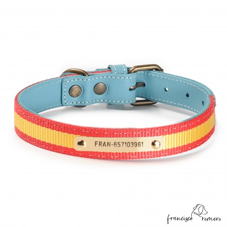 Collar Piel Bandera España Celeste para perros Personalizado
