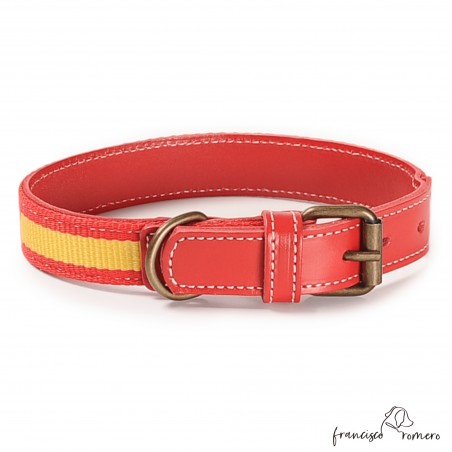 Collar Piel Bandera España Rojo para perros Personalizado