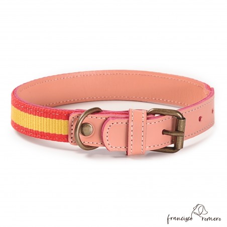 Collar Piel Bandera España Rosa para perros Personalizado