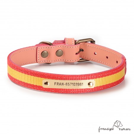 Collar Piel Bandera España Rosa para perros Personalizado