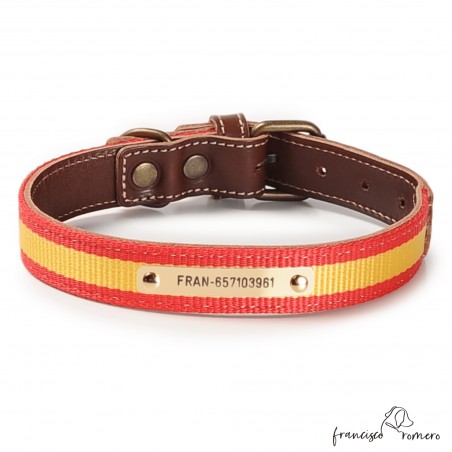 Collar Piel Bandera España Chocolate para perros Personalizado