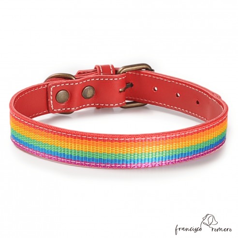 Collar Piel Arco Iris Rojo para perros