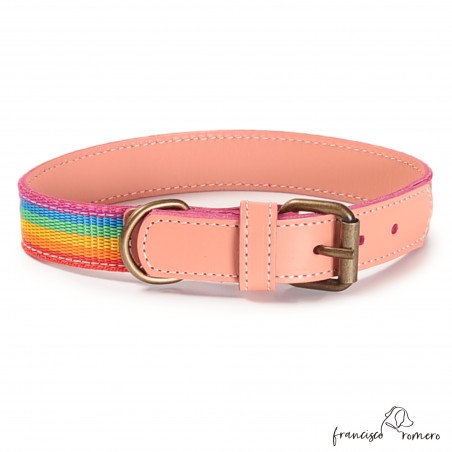 Collar Piel Arco Iris Rosa para perros Personalizado