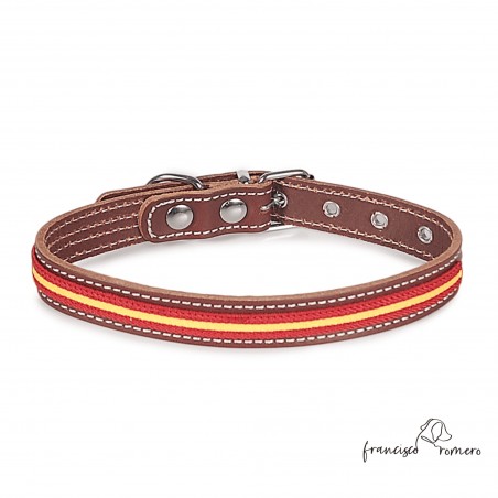 Collar de piel de vaquetilla con bandera de España Chocolate
