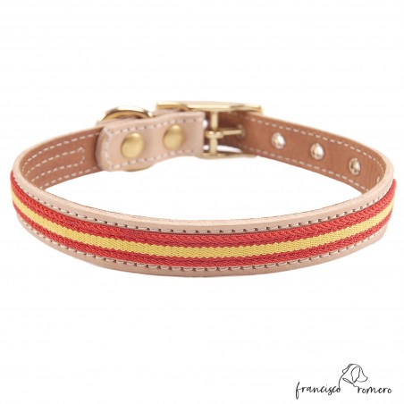 Collar doble piel de vaquetilla con bandera España y herrajes latón