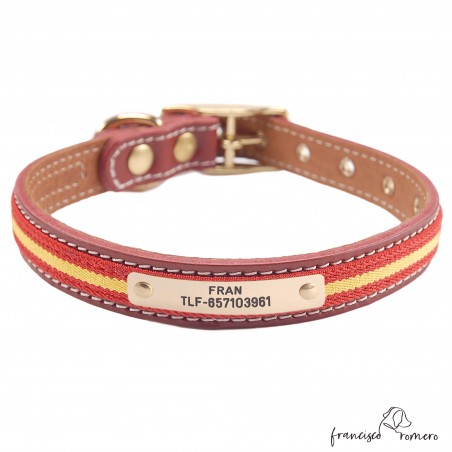 Collar doble piel de vaquetilla con bandera España y herrajes de latón personalizado