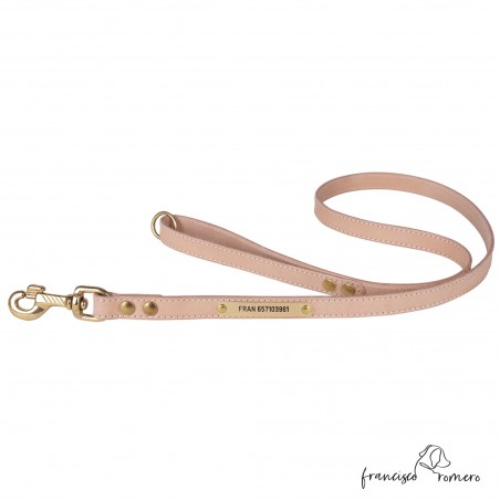 Correa para perros piel vaquetilla latón personalizada Natural