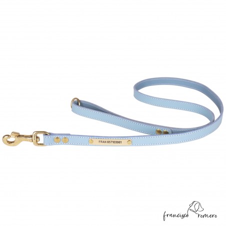 Correa para perros piel vaquetilla herraje latón personalizada Celeste