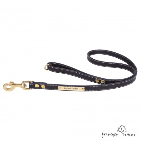 Correa para perros piel vaquetilla herrajes latón personalizada Negra