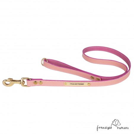 Correa para perros piel vaquetilla herrajes latón personalizada Rosa