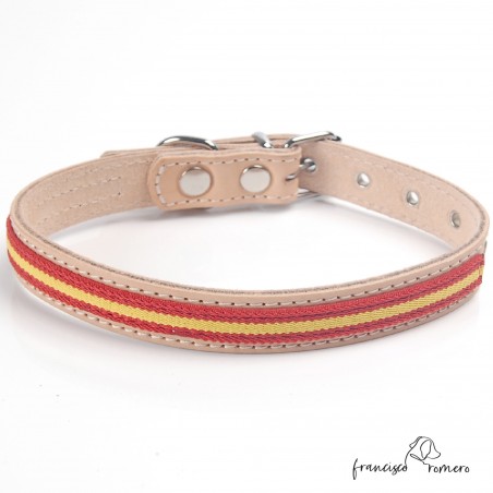 Collar de piel de vaquetilla con bandera de España Natural