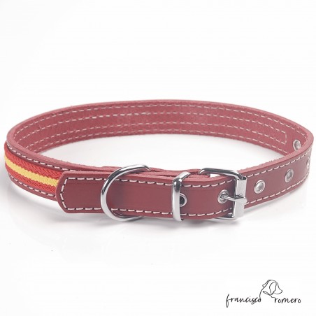 Collar de piel de vaquetilla con bandera de España Burdeos
