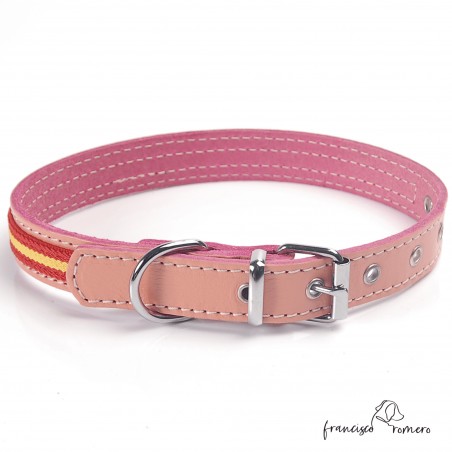 Collar de piel de vaquetilla con bandera de España Rosa