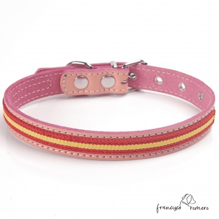 Collar de piel de vaquetilla con bandera de España Rosa
