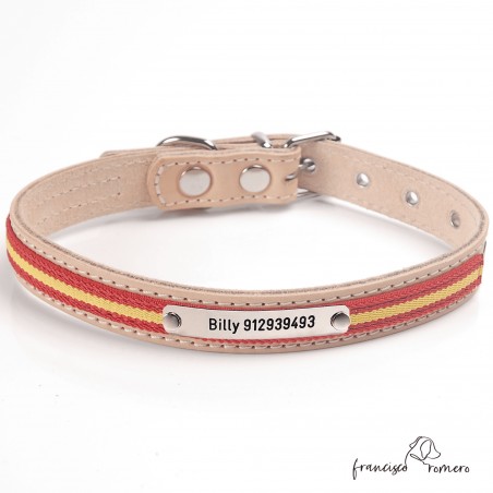 Collar de piel con bandera de España Personalizado Natural