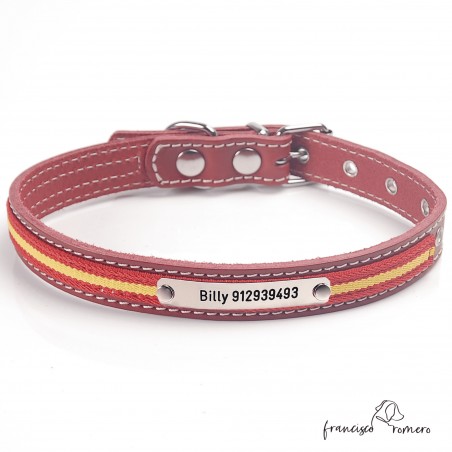 Collar de piel con bandera de España Personalizado Burdeos