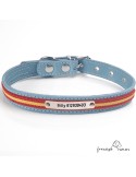 Collar piel vaquetilla bandera España Personalizado Celeste para perro