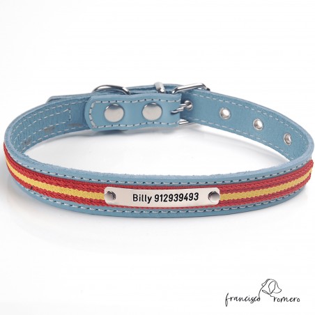 Collar de piel con bandera de España Personalizado Celeste