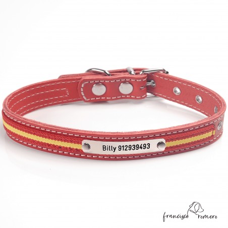 Collar de piel con bandera de España Personalizado Rojo