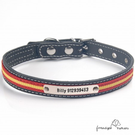 Collar de piel con bandera de España Personalizado Negro